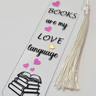 books are my love language bookmark with pile of books decal and hearts