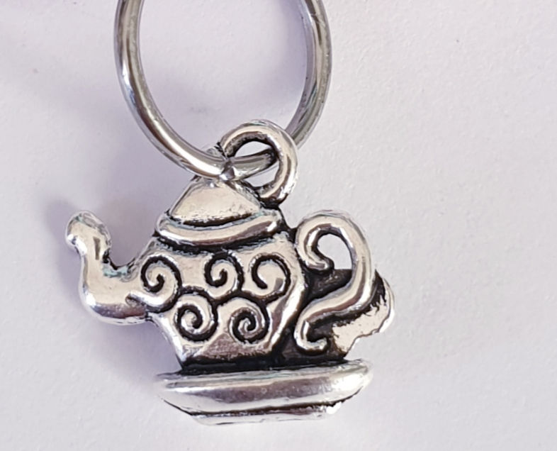 Thumbnail: teapot shaped silver coloured metal charm with ring