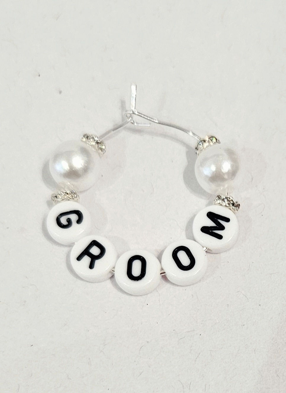 Thumbnail: silver colour wine glass charms with pearl and coloured beads, silver coloured heart and letter beads