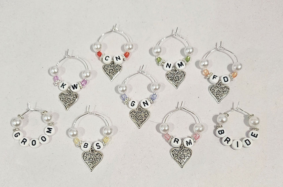 Thumbnail: silver colour wine glass charms with pearl and coloured beads, silver coloured heart and letter beads