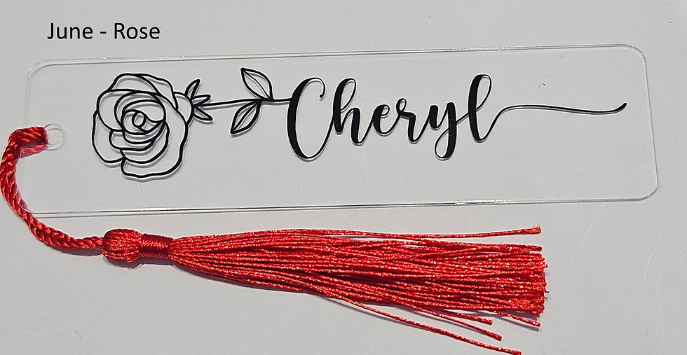 Thumbnail: birth flower for june bookmark with name Cheryl in black vinyl and red tassel