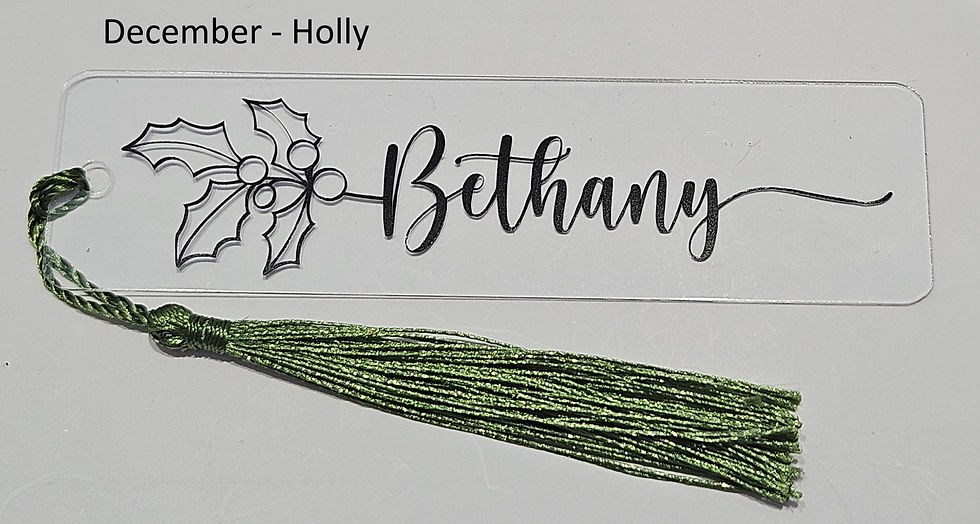 Thumbnail: birth flower for december bookmark with name Bethany in black vinyl and green tassel