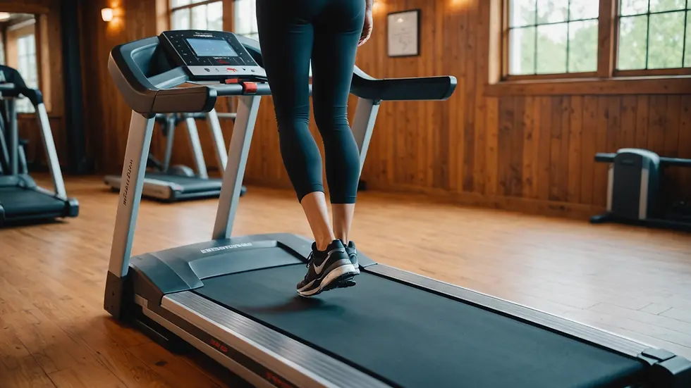 Eye-level view of a treadmill on a wooden gym floor