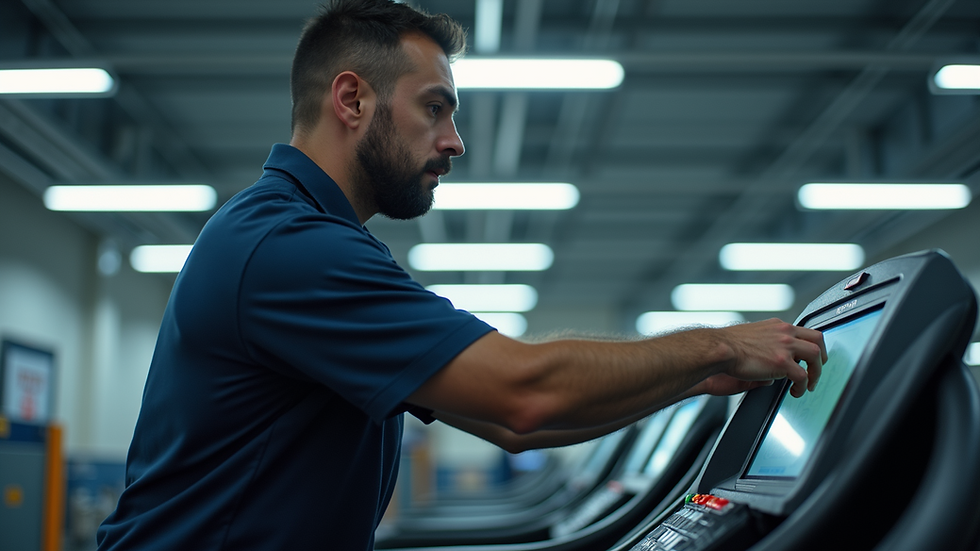 Eye-level view of a technician assembling a treadmill