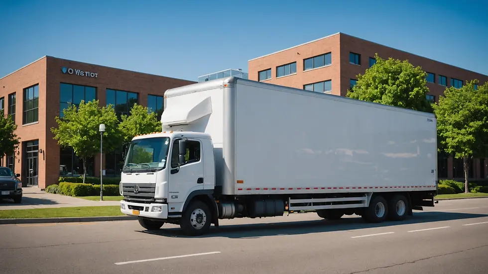 Eye-level view of a moving truck parked outside a gym