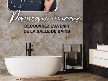 Présentation de panneaux muraux décoratifs pour douche avec effet pierre naturelle, montrant un comparatif avant/après rénovation sans casser le carrelage existant.
