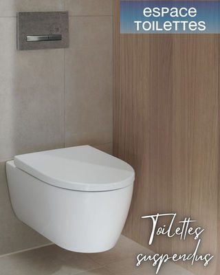 Zoom sur un WC suspendu blanc au design minimaliste installé sur un bâti-support avec habillage en bois clair, illustrant une solution gain de place et esthétique pour les sanitaires.
