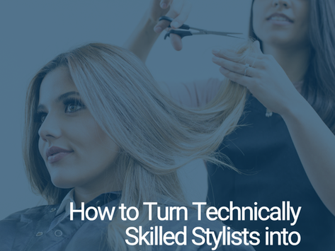 Stylist cuts blonde hair in a salon; blue tint with title text about turning stylists into brand ambassadors.