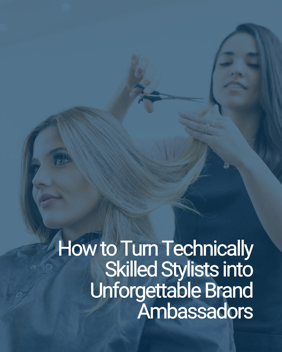 Stylist cuts blonde hair in a salon; blue tint with title text about turning stylists into brand ambassadors.