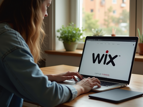 Eye-level view of a laptop screen showing a Wix website editor interface