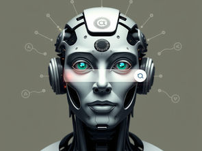 Futuristic robot with glowing blue eyes and headphones, featuring digital icons around its head, set against a gray background.