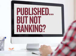 Desktop monitor shows Published... But Not Ranking? while a person in a red plaid shirt types at a white desk.