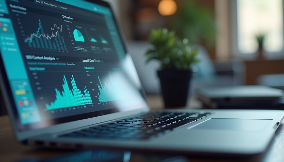 Eye-level view of a laptop screen showing SEO content analysis
