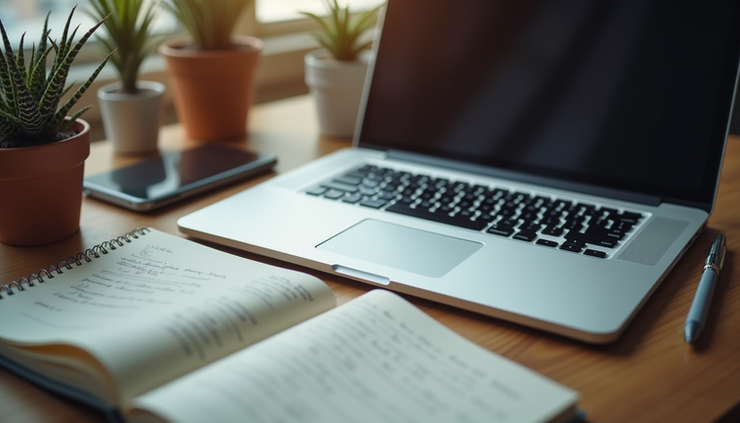 High angle view of a freelancer’s workspace with a laptop, notebook, and coffee cup