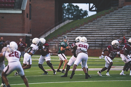The offense takes reps during Troy’s recent scrimmage, Troy Athletics photo