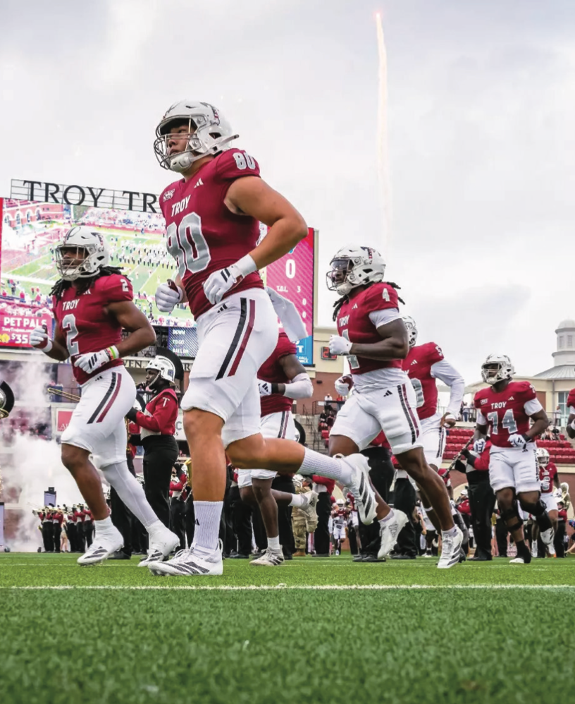 The Trojans run out onto the field before a home game against Georgia Southern. Troy Athletics photo