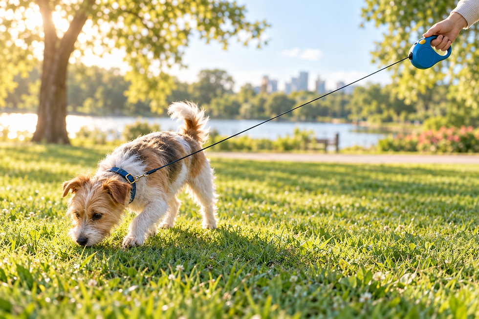 Small terrier dog exploring freely on an extended retractable leash in a sunny park