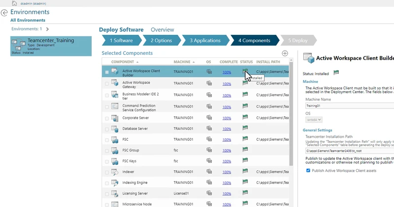 The image includes a screenshot of a Teamcenter environment with Active Workspace components being configured with Deployment Center.