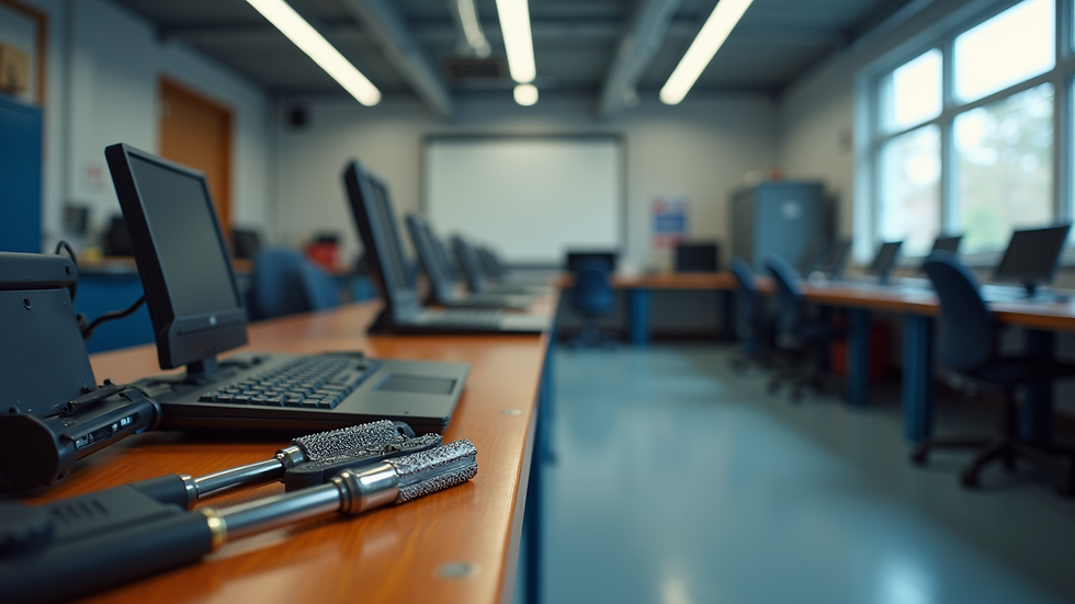 Eye-level view of a classroom with mobile repair tools and equipment