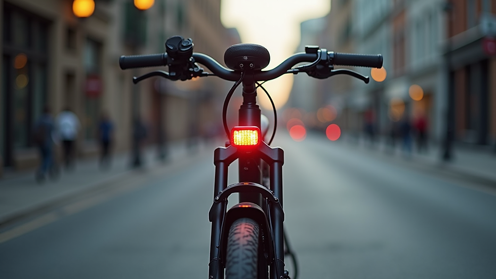 Eye-level view of an e-bike equipped with front and rear lights and a sturdy lock