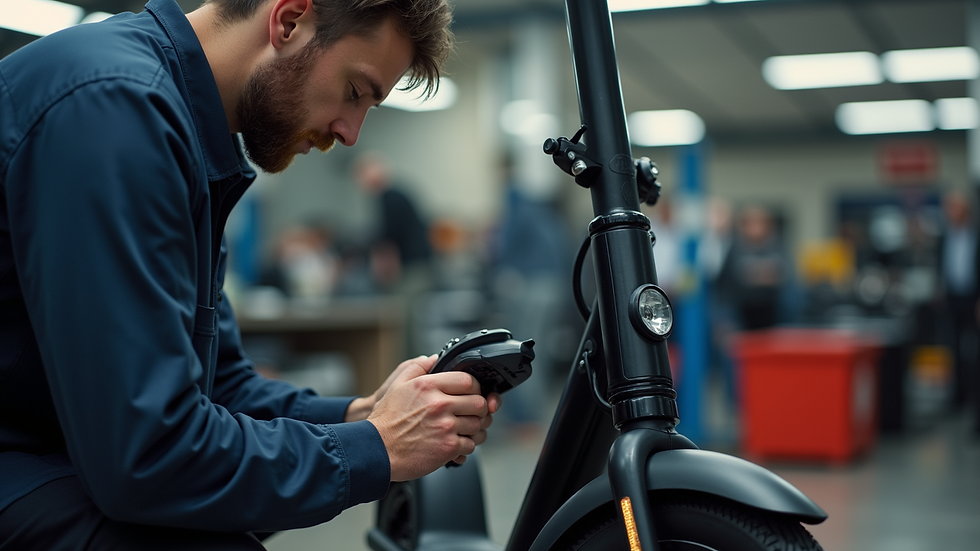 Close-up view of a mechanic checking an electric scooter’s battery at a Gants Hill workshop