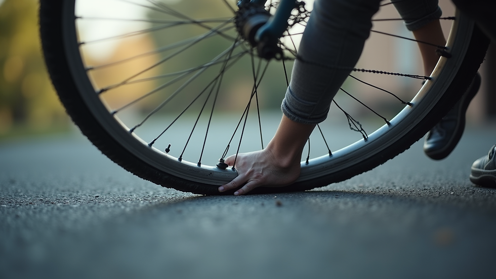 Eye-level view of a bicycle rim with a slight bend being inspected