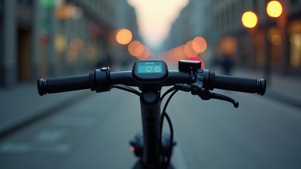Close-up view of electric scooter handlebar with LED display and brake lever