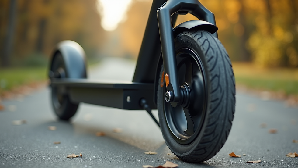Close-up view of electric scooter wheels and suspension system on a paved path