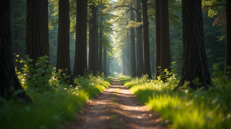 Eye-level view of a serene forest path surrounded by tall trees