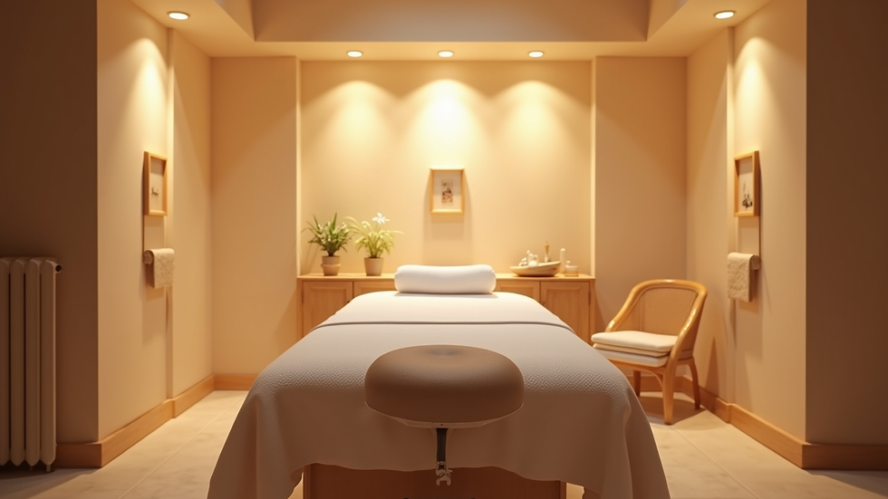 Eye-level view of a calm massage room with soft lighting and a massage table