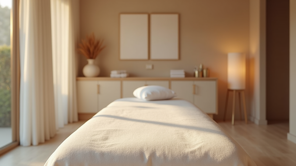 Eye-level view of a massage room with calming decor and a massage table ready for therapy