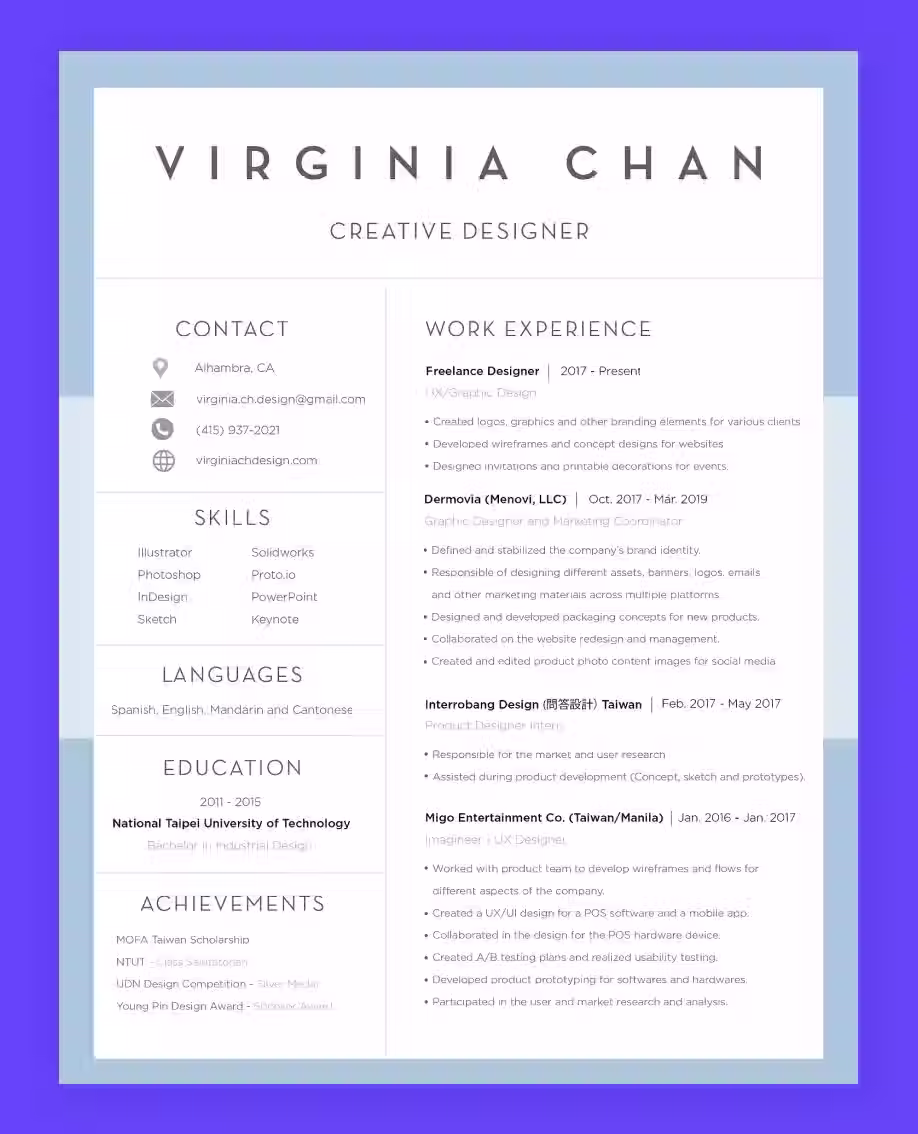 Graphic design resume example by Virginia Chan