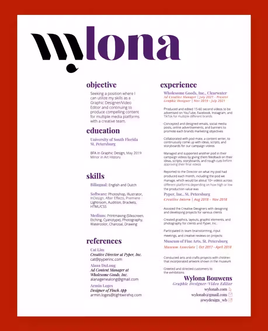 Graphic design resume example by Wylona Bouwens