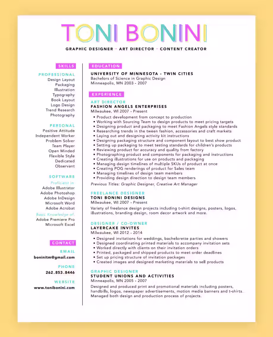 Graphic design resume example by Toni bonini