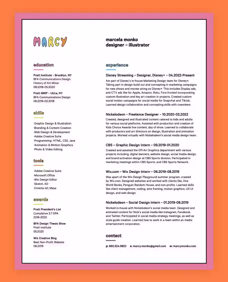 Graphic design resume example by Marcy Monko