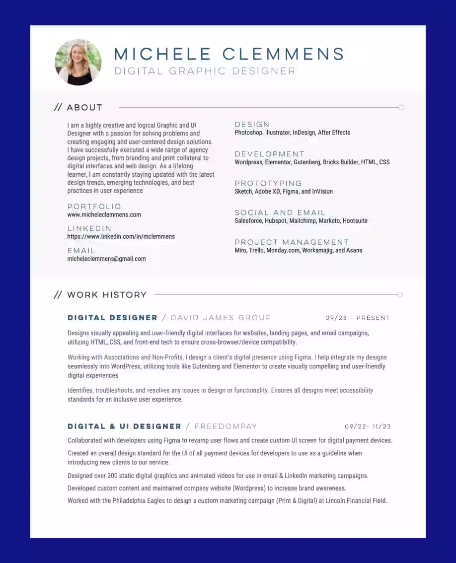 Graphic design resume example by Michele Clemmens