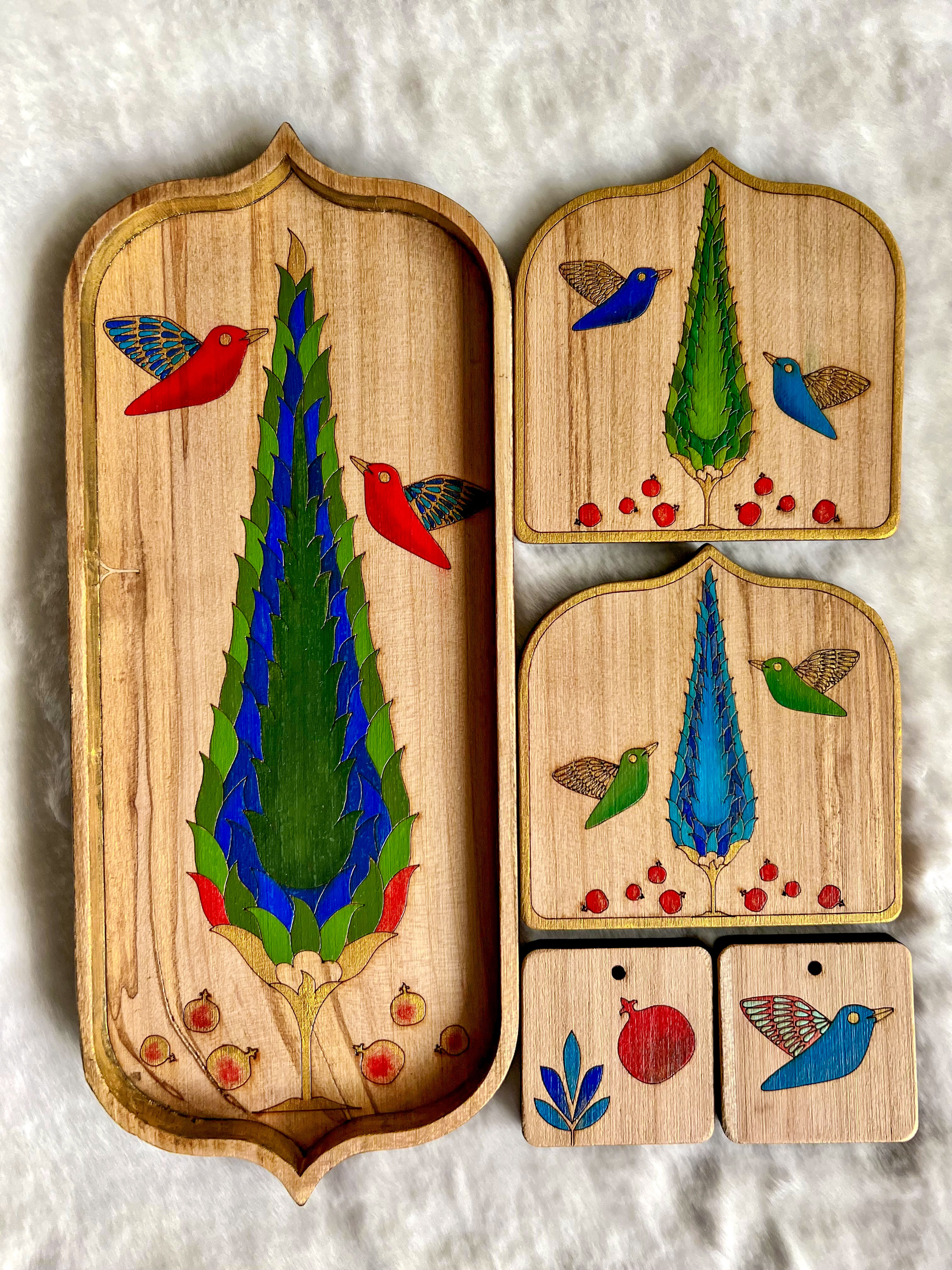 Cypress & Song – Handpainted Tray and Coaster Set