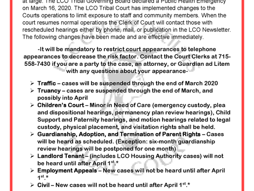 LCO Tribal Court Issues Safety Measures for Court Proceedings During Covid-19 Crisis 