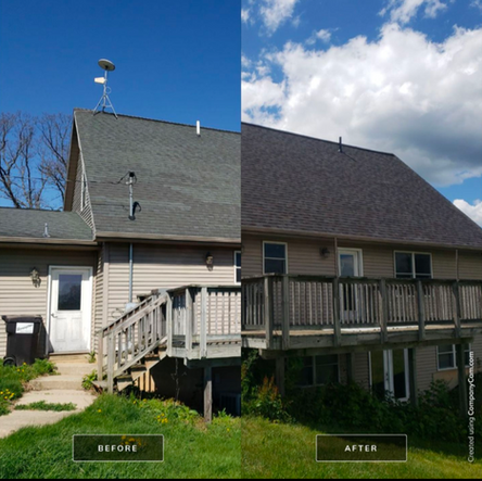 Before and after photo of roof replacement by Peak Roofing LLC
