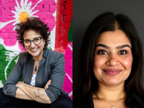 A four-panel collage of professional headshots. From left to right: a woman with short dark red hair wearing a striped top in an office setting; a woman with short curly hair and glasses wearing a grey blazer, sitting in front of a colourful floral mural; a woman with long dark hair smiling against a neutral background; and a woman with light brown hair and glasses wearing a patterned blouse against a light backdrop.