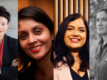 A banner featuring four headshots of speakers joining the Back in the Frame programme. From left to right: Kristy Matheson, Tejinder Jouhal, Ameenah Ayub Allan and Line Langebek. The portraits are cropped side by side against a simple background, showing each speaker looking towards the camera or slightly off-camera.