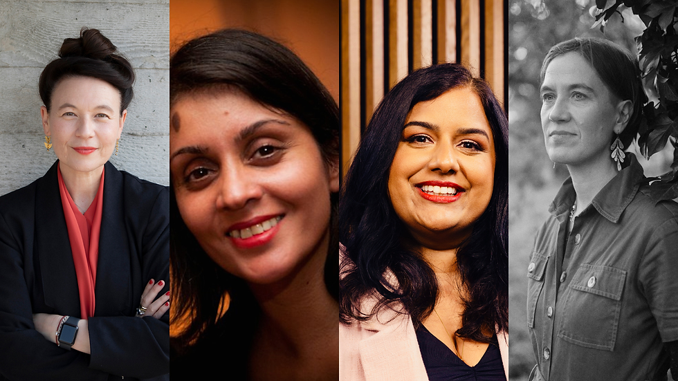 A banner featuring four headshots of speakers joining the Back in the Frame programme. From left to right: Kristy Matheson, Tejinder Jouhal, Ameenah Ayub Allan and Line Langebek. The portraits are cropped side by side against a simple background, showing each speaker looking towards the camera or slightly off-camera.