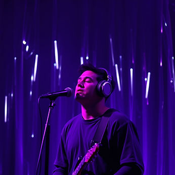 black, purple and silver background with a musical artist in the front listening to music.