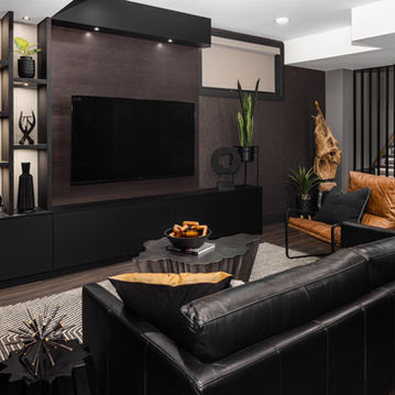 basement lounge, moody, masculine, sofa, leather, media unit, tv lounge, built-in, decorations, interior design, Saskatoon