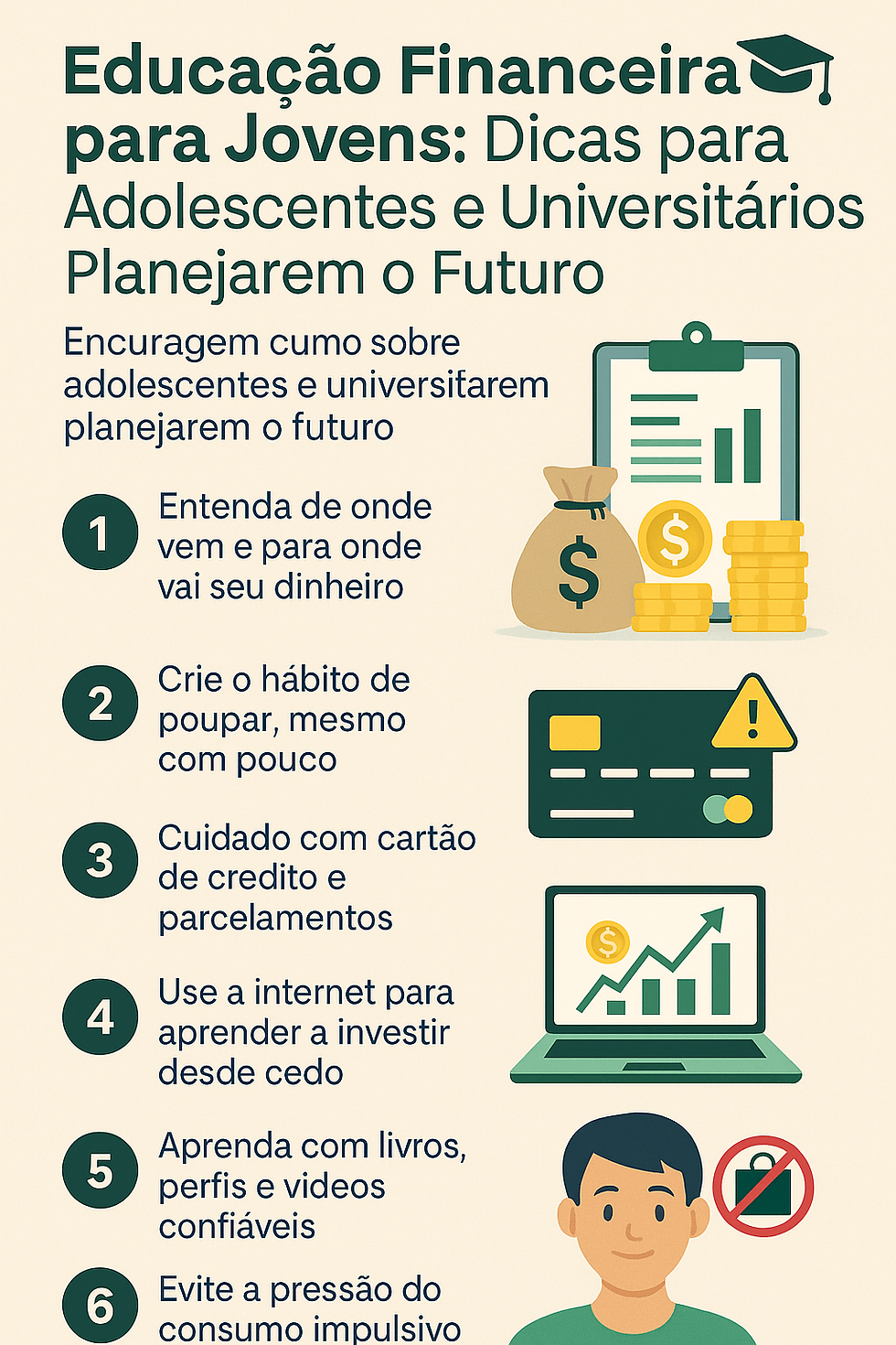 Infográfico educativo e colorido com 7 dicas de educação financeira para jovens, incluindo controle de gastos, primeiros investimentos, como poupar dinheiro e evitar dívidas. Linguagem acessível e visual atrativo para adolescentes e universitários.