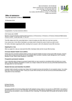 Li Jingjing Offer of Admission UNSW