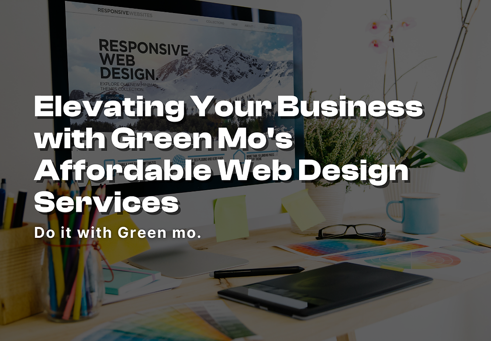 A creative workspace with an iMac displaying 'Responsive Web Design,' surrounded by colorful design tools, promoting Green Mo’s affordable web design services.