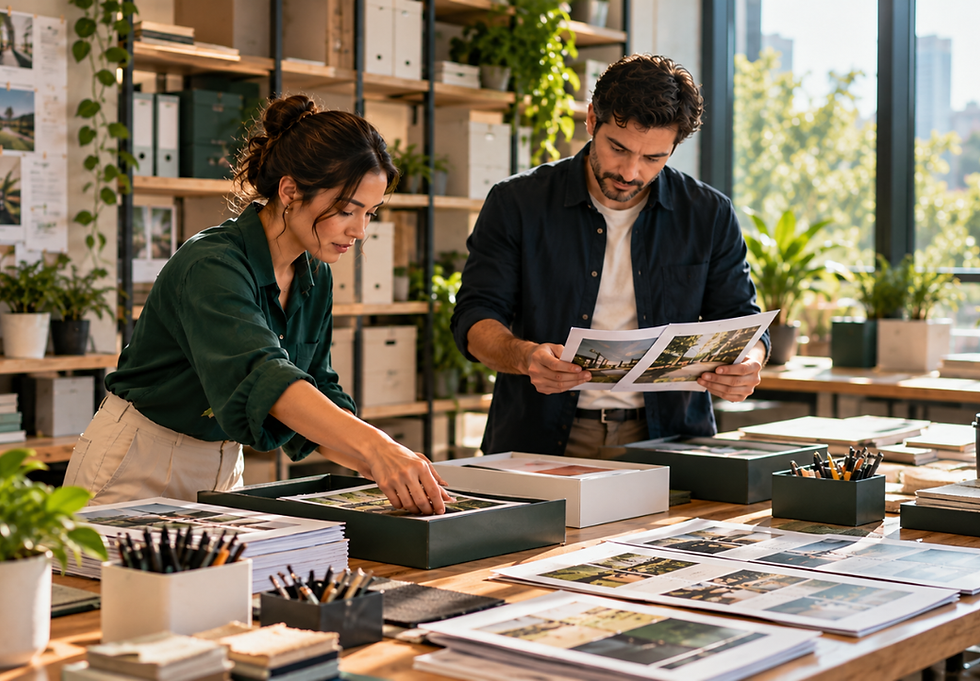 Marketing operations professionals organizing campaign materials to improve workflow and execution.