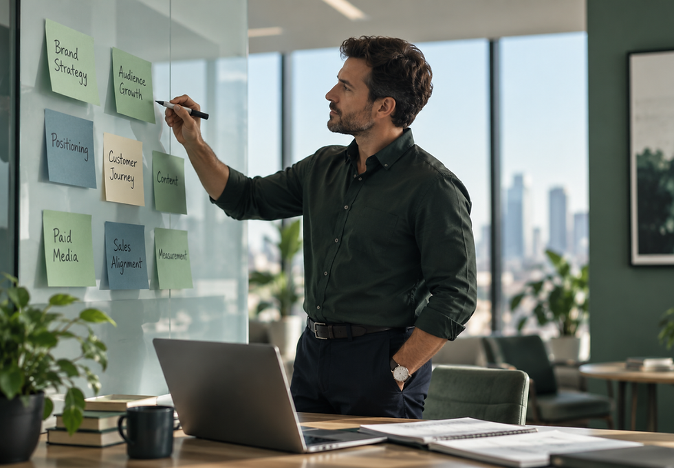 Senior marketing leader organizing brand strategy, customer journey, paid media, and sales alignment on a planning board.
