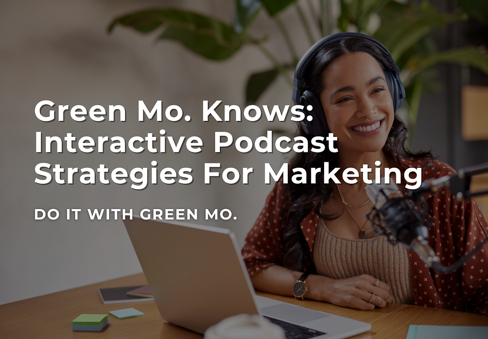 A photo with the text “Green Mo. Knows: Interactive Podcast Strategies For Marketing,” and a background of a woman doing the Podcast.